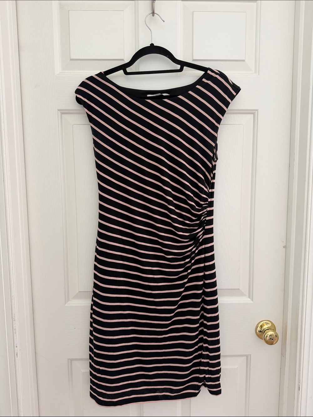LOFT Black and Light Pink Diagonal Stripe Midi Dress